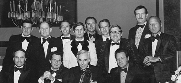 Seated in the front row from left to right are: William Bobo Thompson of Jackson, Byron Green of Mobile, Dr. Hendrix, and Heber Ethridge, of Jackson. In the second row, standing from left to right, are Bill Garry, of Dallas, Bob Love, of Greenville, Howard Kisner, of Baton Rouge, Frank Newman of Kalamazoo, and Gordon Robinson of Birmingham. In the back row are the late Will Noblin of Montgomery, Byron Brown of Dallas, Doug Godfrey of Jackson, and Charlie White of Memphis.